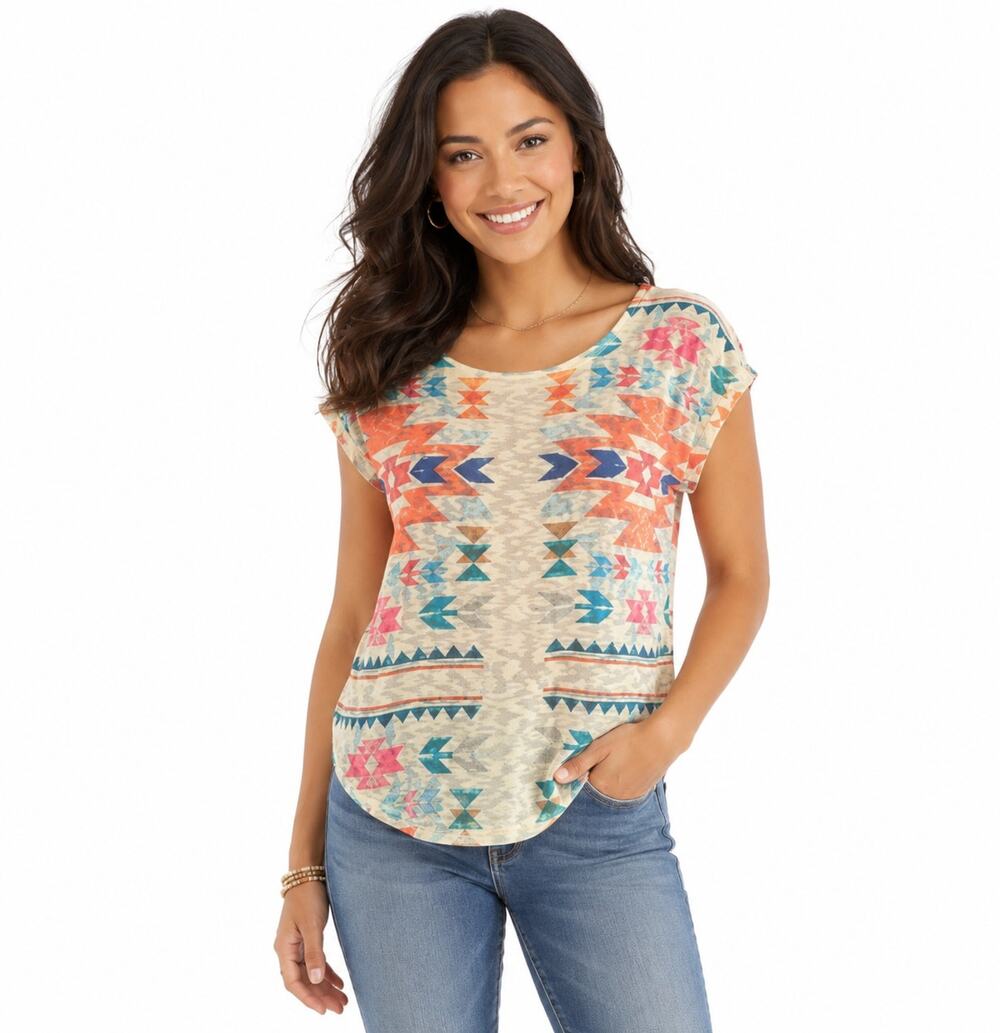 Gaze USA Women's Tribal Print Knit Short Sleeve Top Size Large Boho Festival EUC
